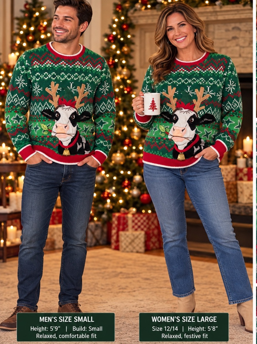 Holiday Time Green Cow Reindeer Holiday Crewneck Sweater with Red Trim